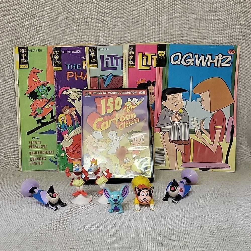 5 Vintage Mighty Mouse Suction Cup Figures Wendy's 1989, 5 comics, Cartoon DVD‎